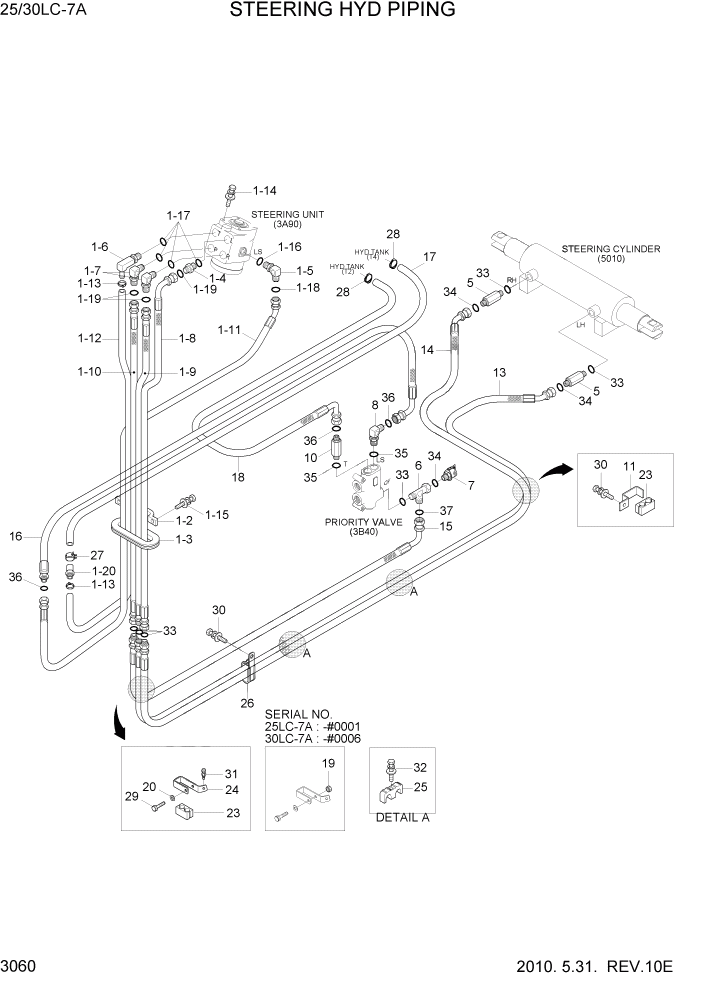 Схема запчастей Hyundai 25/30LC-7A - PAGE 3060 STEERING HYD PIPING ГИДРАВЛИЧЕСКАЯ СИСТЕМА