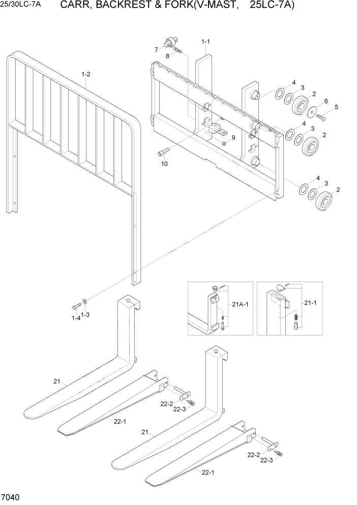 Схема запчастей Hyundai 25/30LC-7A - PAGE 7040 CARR,BACKREST & FORK(V-MAST,25LC-7A) РАБОЧЕЕ ОБОРУДОВАНИЕ