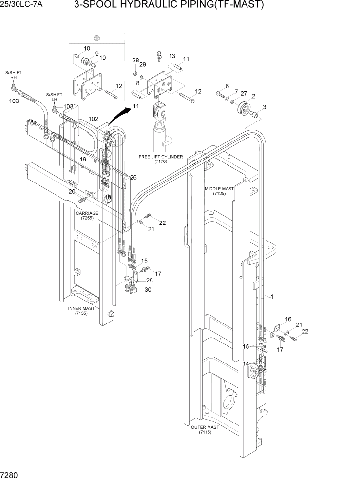 Схема запчастей Hyundai 25/30LC-7A - PAGE 7280 3-SPOOL HYDRAULIC PIPING(TS-MAST) РАБОЧЕЕ ОБОРУДОВАНИЕ