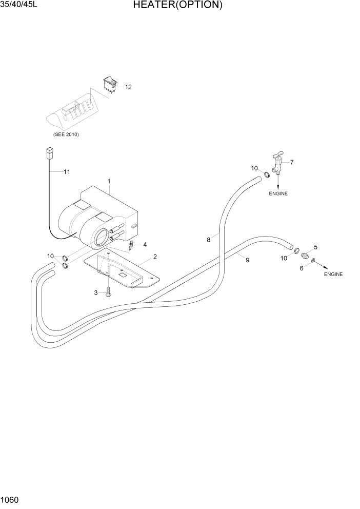 Схема запчастей Hyundai 35/40/45L - PAGE 1060 HEATER (OPTION) СИСТЕМА ДВИГАТЕЛЯ