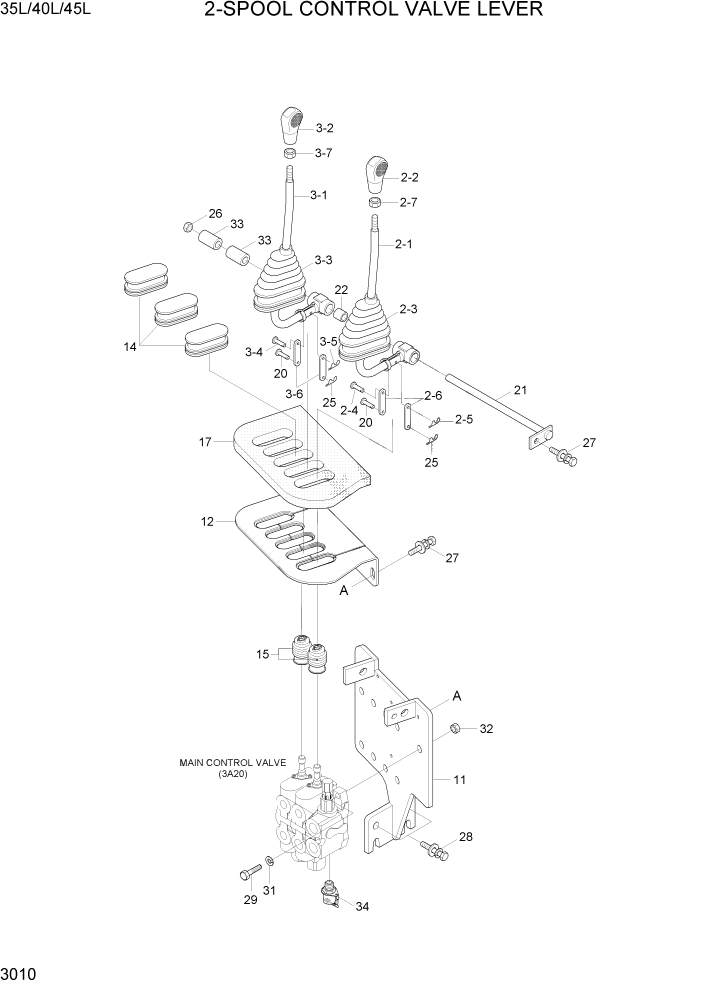 Схема запчастей Hyundai 35/40/45L - PAGE 3010 2-SPOOL CONTROL VALVE LEVER ГИДРАВЛИЧЕСКАЯ СИСТЕМА