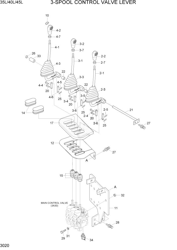 Схема запчастей Hyundai 35/40/45L - PAGE 3020 3-SPOOL CONTROL VALVE LEVER ГИДРАВЛИЧЕСКАЯ СИСТЕМА