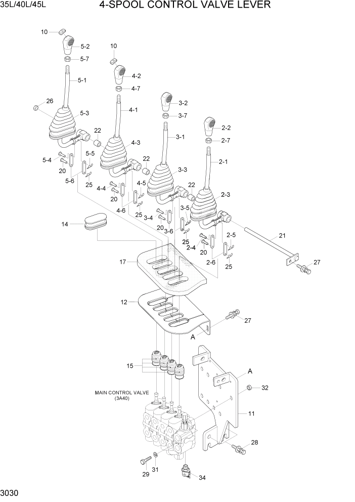 Схема запчастей Hyundai 35/40/45L - PAGE 3030 4-SPOOL CONTROL VALVE LEVER ГИДРАВЛИЧЕСКАЯ СИСТЕМА