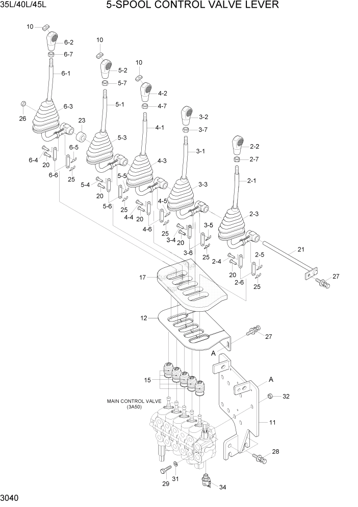 Схема запчастей Hyundai 35/40/45L - PAGE 3040 5-SPOOL CONTROL VALVE LEVER ГИДРАВЛИЧЕСКАЯ СИСТЕМА