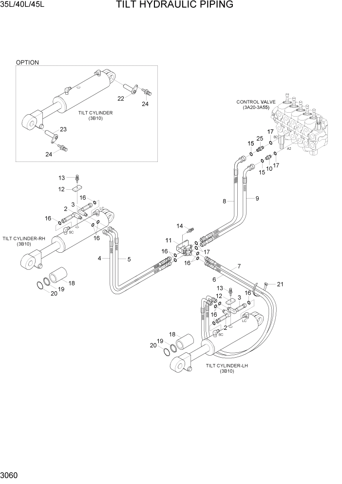 Схема запчастей Hyundai 35/40/45L - PAGE 3060 TILT HYDRAULIC PIPING ГИДРАВЛИЧЕСКАЯ СИСТЕМА