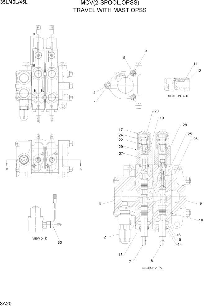 Схема запчастей Hyundai 35/40/45L - PAGE 3A20 MCV(2-SPOOL, TRAVEL WITH MAST OPSS) ГИДРАВЛИЧЕСКАЯ СИСТЕМА