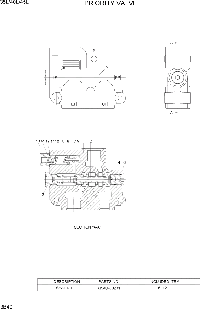 Схема запчастей Hyundai 35/40/45L - PAGE 3B40 PRIORITY VALVE ГИДРАВЛИЧЕСКАЯ СИСТЕМА