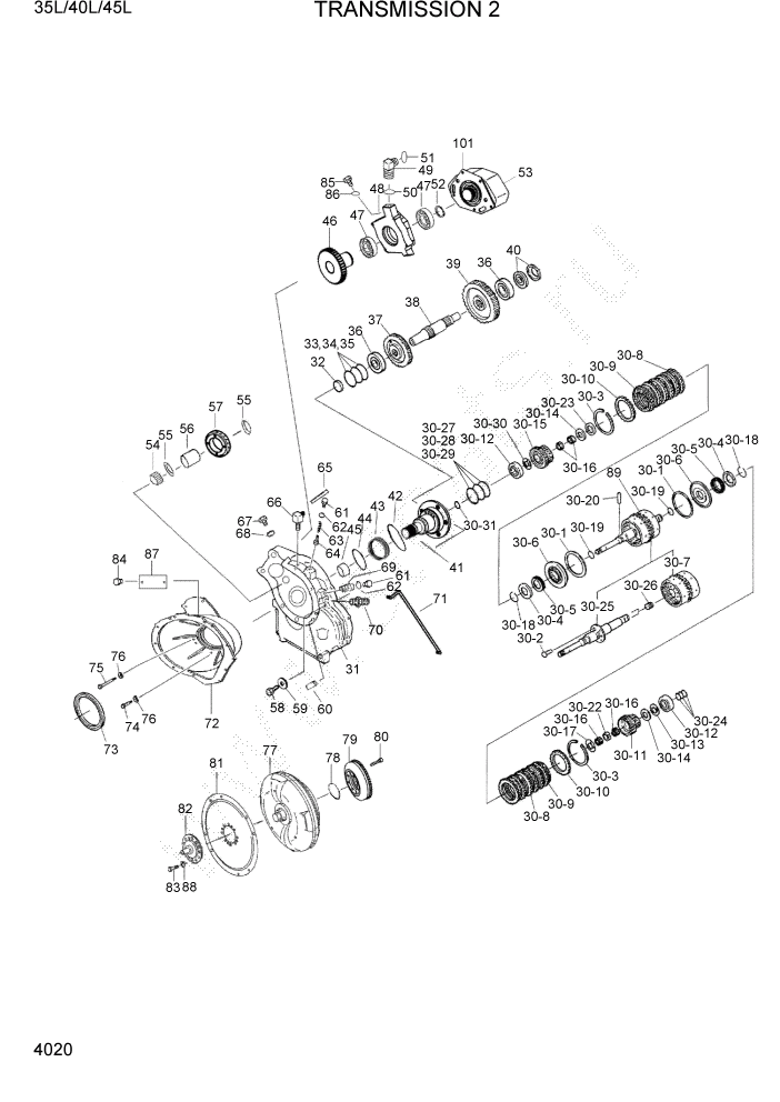 Схема запчастей Hyundai 35/40/45L - PAGE 4020 TRANSMISSION 2 СИЛОВАЯ СИСТЕМА