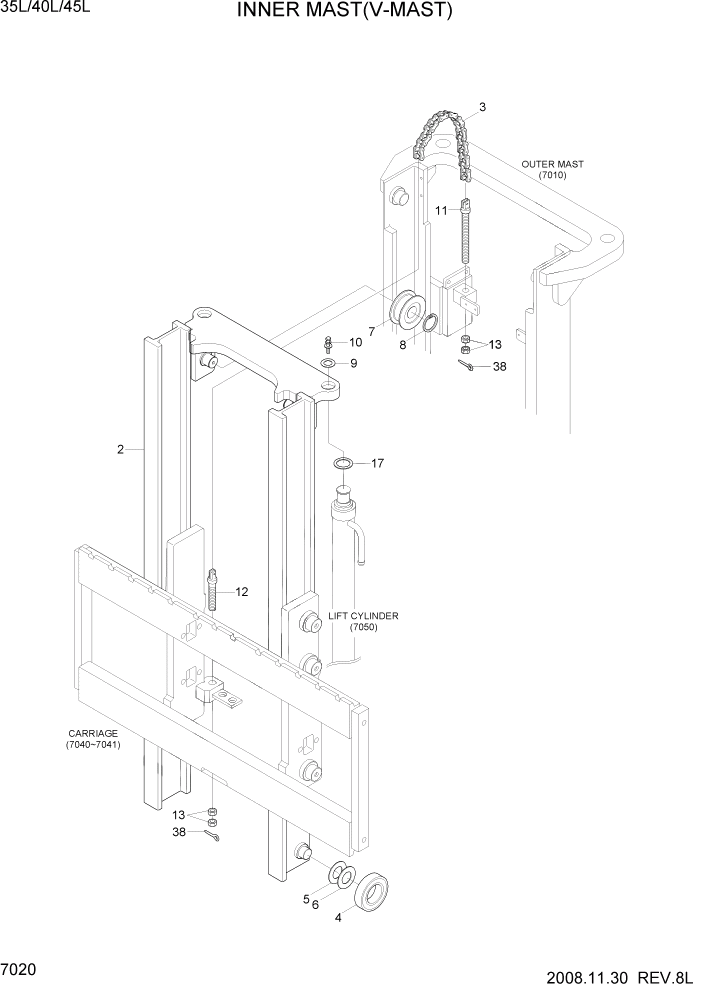 Схема запчастей Hyundai 35/40/45L - PAGE 7020 INNER MAST(V-MAST) РАБОЧЕЕ ОБОРУДОВАНИЕ