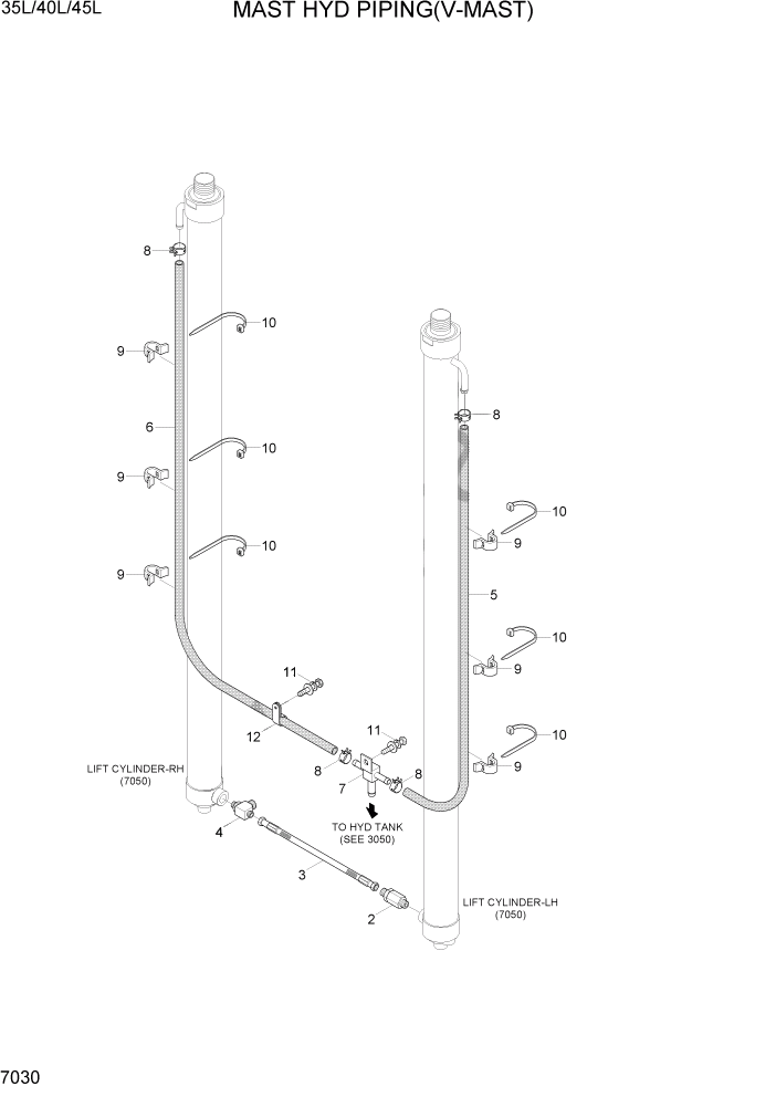 Схема запчастей Hyundai 35/40/45L - PAGE 7030 MAST HYD PIPING(V-MAST) РАБОЧЕЕ ОБОРУДОВАНИЕ