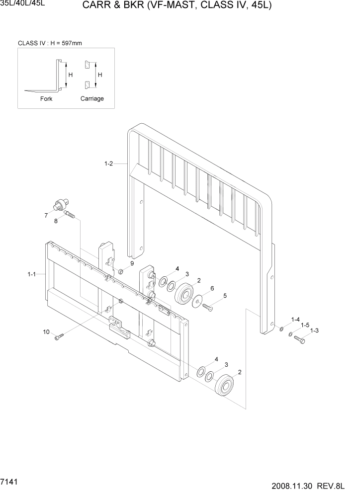 Схема запчастей Hyundai 35/40/45L - PAGE 7141 CARR & BKR(VF-MAST,C-IV,45L) РАБОЧЕЕ ОБОРУДОВАНИЕ