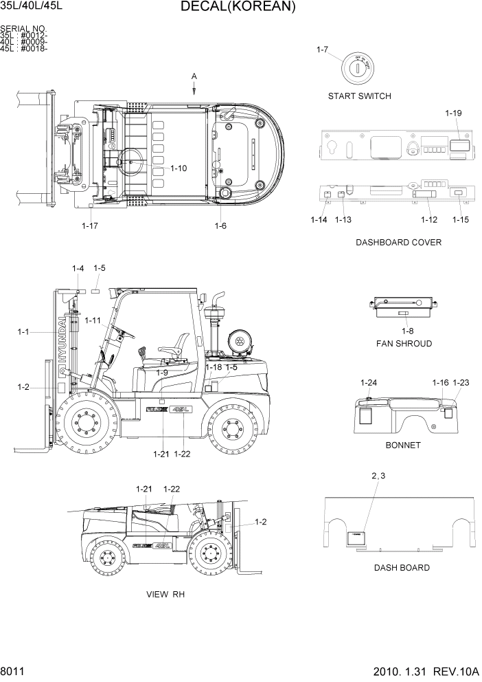 Схема запчастей Hyundai 35/40/45L - PAGE 8011 DECAL(KOREAN) ДРУГИЕ ЧАСТИ