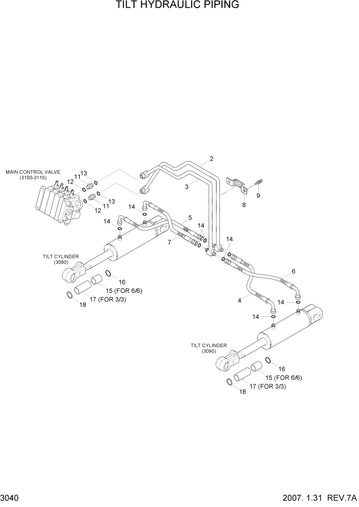 Схема запчастей Hyundai HLF15/HLF18-5 - PAGE 3040 TILT HYDRAULIC PIPING ГИДРАВЛИЧЕСКАЯ СИСТЕМА