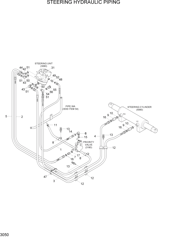 Схема запчастей Hyundai HLF15/HLF18-5 - PAGE 3050 STEERING HYDRAULIC PIPING ГИДРАВЛИЧЕСКАЯ СИСТЕМА