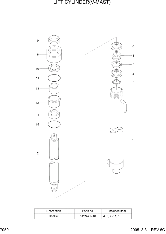 Схема запчастей Hyundai HLF15/HLF18-5 - PAGE 7050 LIFT CYLINDER(V-MAST) РАБОЧЕЕ ОБОРУДОВАНИЕ