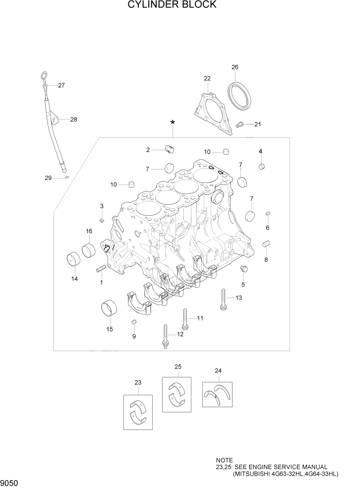 Схема запчастей Hyundai HLF15/HLF18-5 - PAGE 9050 CYLINDER BLOCK ДВИГАТЕЛЬ БАЗА