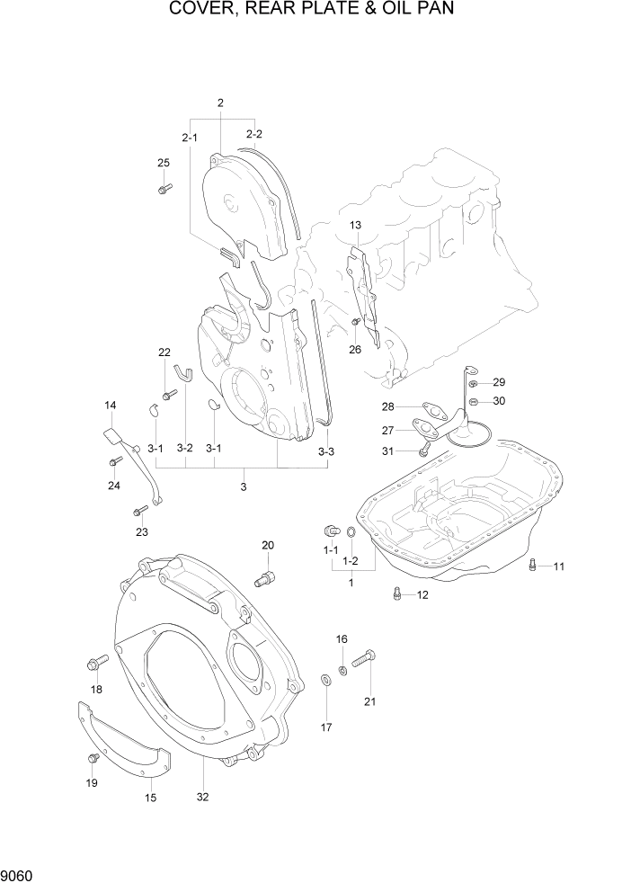 Схема запчастей Hyundai HLF15/HLF18-5 - PAGE 9060 COVER, REAR PLATE & OIL PAN ДВИГАТЕЛЬ БАЗА