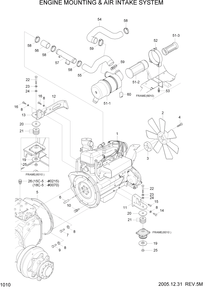 Схема запчастей Hyundai HLF15/HLF18C-5 - PAGE 1010 ENGINE MOUNTING & AIR INTAKE SYSTEM СИСТЕМА ДВИГАТЕЛЯ