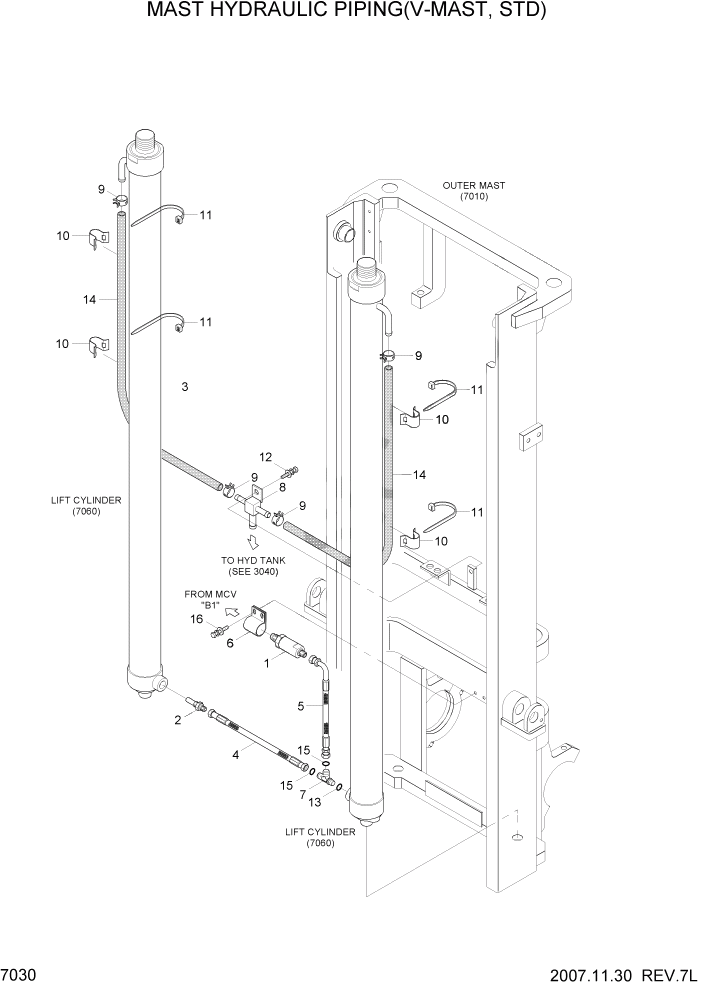 Схема запчастей Hyundai HLF15/HLF18C-5 - PAGE 7030 MAST HYDRAULIC PIPING(V-MAST, STD) РАБОЧЕЕ ОБОРУДОВАНИЕ