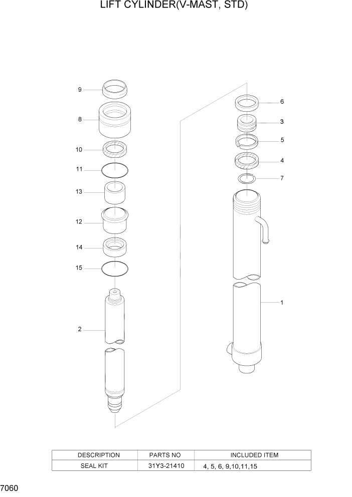 Схема запчастей Hyundai HLF15/HLF18C-5 - PAGE 7060 LIFT CYLINDER(V-MAST, STD) РАБОЧЕЕ ОБОРУДОВАНИЕ