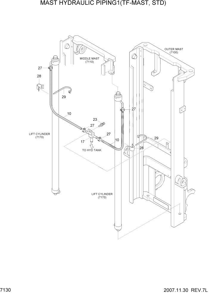 Схема запчастей Hyundai HLF15/HLF18C-5 - PAGE 7130 MAST HYDRAULIC PIPING 1(TF-MAST, STD) РАБОЧЕЕ ОБОРУДОВАНИЕ