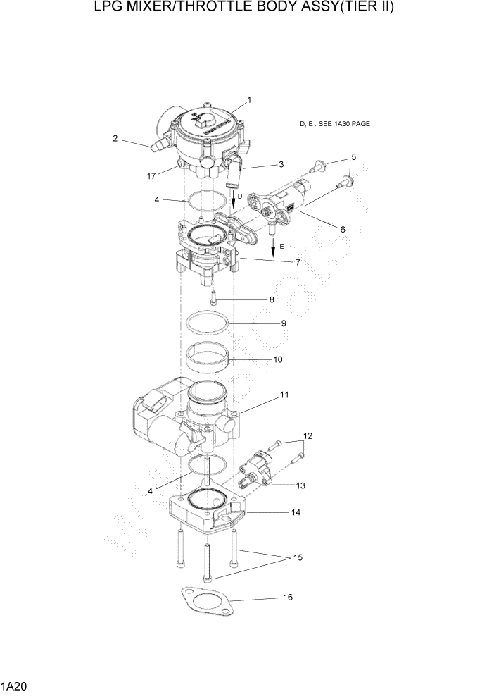 Схема запчастей Hyundai HLF20/HLF25/HLF30-5 - PAGE 1A20 LPG MIXER/THROTTLE BODY ASSY(TIER II) СИСТЕМА ДВИГАТЕЛЯ