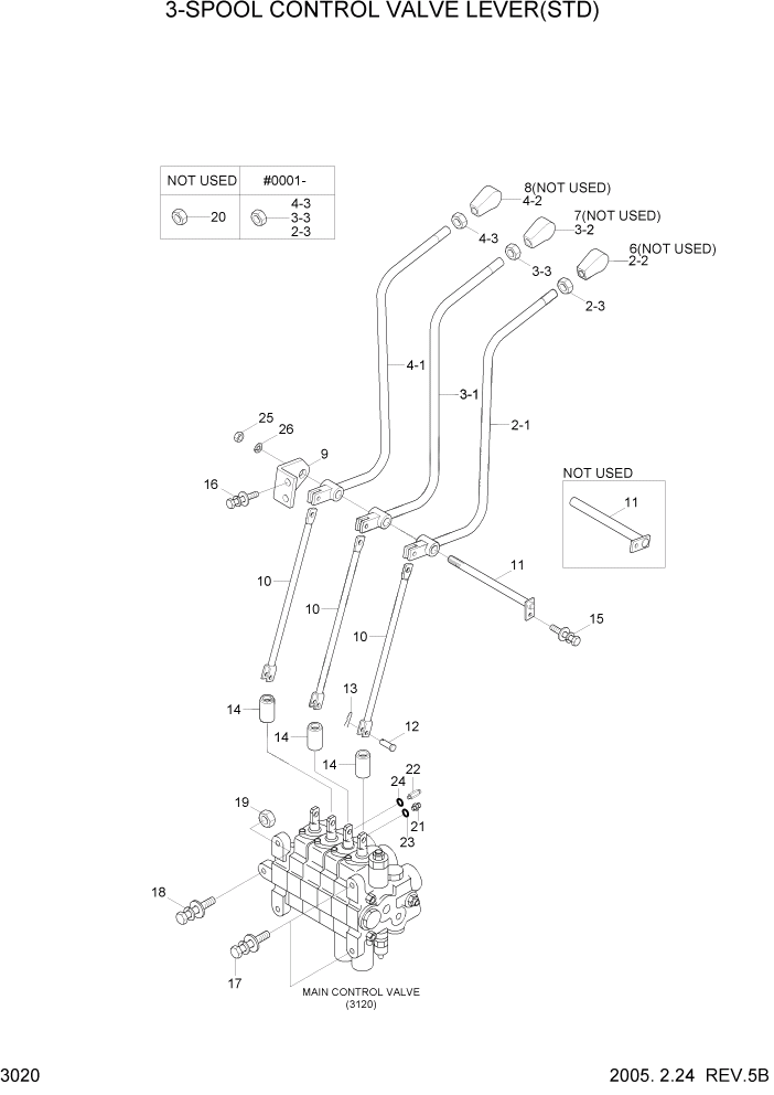 Схема запчастей Hyundai HLF20/HLF25/HLF30-5 - PAGE 3020 3-SPOOL CONTROL VALVE LEVER(STD) ГИДРАВЛИЧЕСКАЯ СИСТЕМА