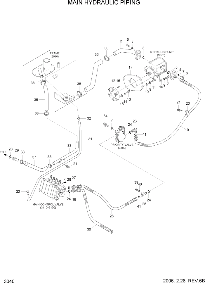 Схема запчастей Hyundai HLF20/HLF25/HLF30-5 - PAGE 3040 MAIN HYDRAULIC PIPING ГИДРАВЛИЧЕСКАЯ СИСТЕМА