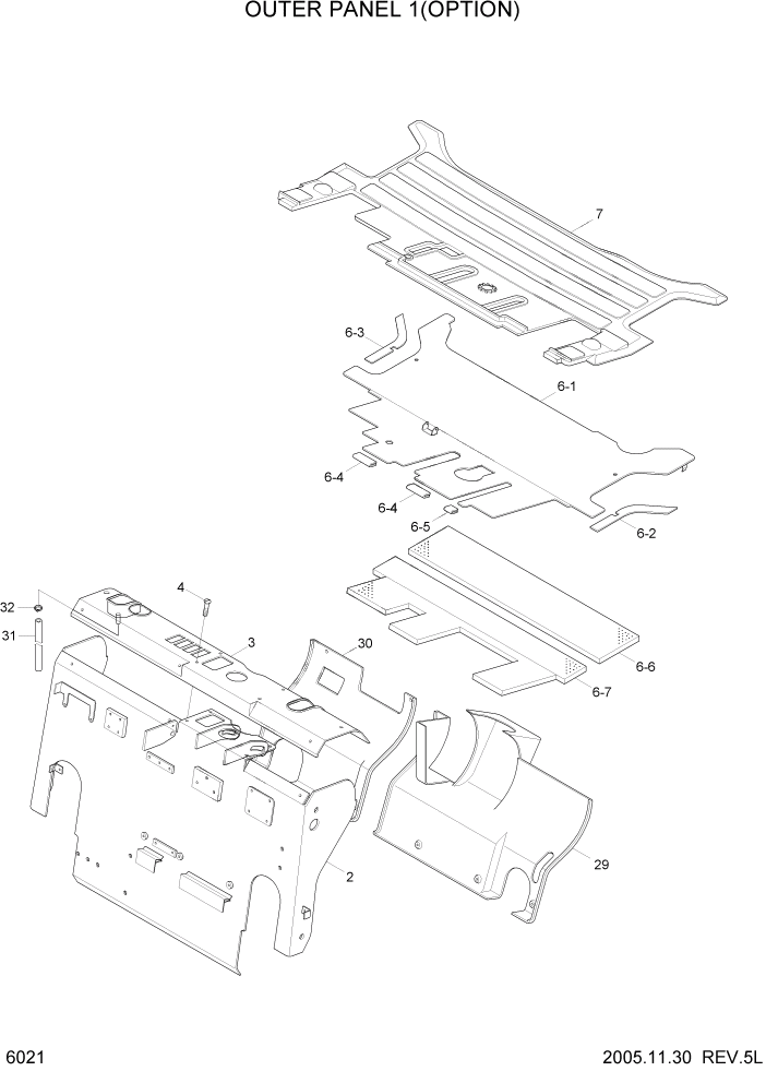 Схема запчастей Hyundai HLF20/HLF25/HLF30-5 - PAGE 6021 OUTER PANEL 1(OPTION) СТРУКТУРА