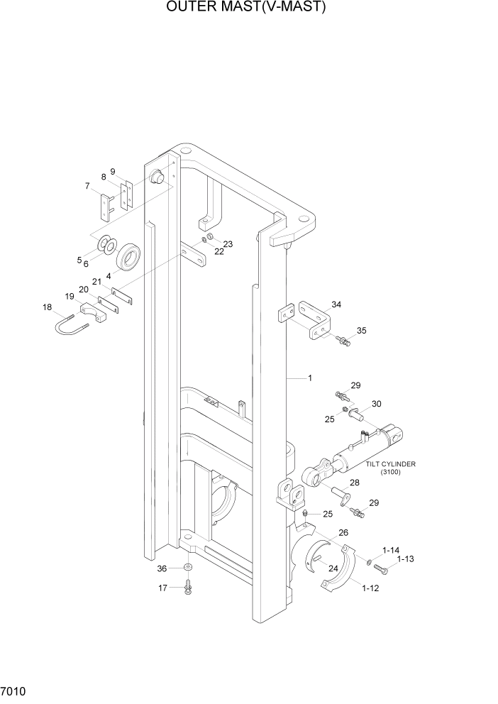 Схема запчастей Hyundai HLF20/HLF25/HLF30-5 - PAGE 7010 OUTER MAST(V-MAST) РАБОЧЕЕ ОБОРУДОВАНИЕ