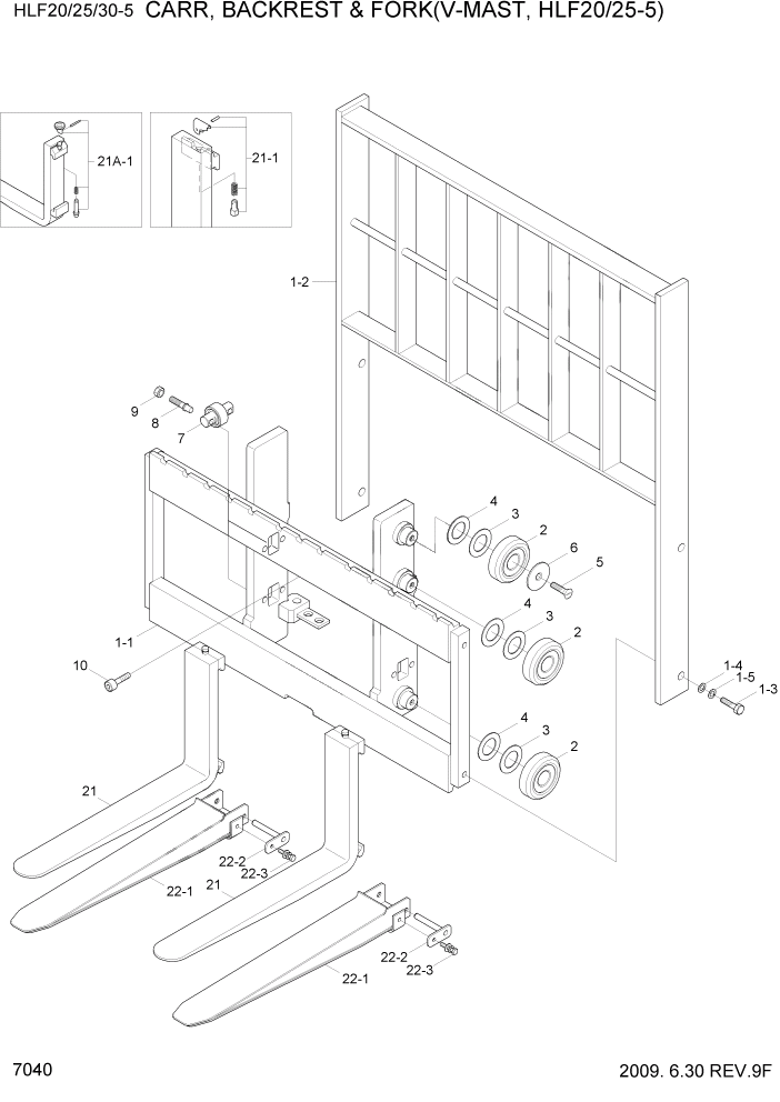 Схема запчастей Hyundai HLF20/HLF25/HLF30-5 - PAGE 7040 CARR,BACKREST & FORK(V-MAST,HLF20/25-5) РАБОЧЕЕ ОБОРУДОВАНИЕ