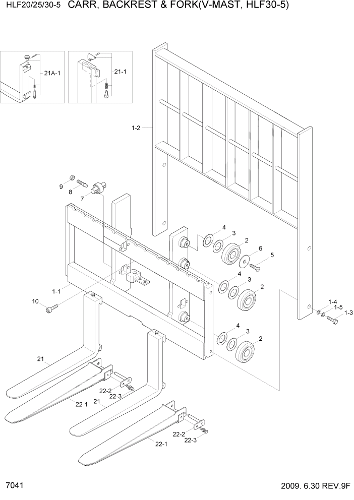 Схема запчастей Hyundai HLF20/HLF25/HLF30-5 - PAGE 7041 CARR,BACKREST & FORK(V-MAST,HLF30-5) РАБОЧЕЕ ОБОРУДОВАНИЕ