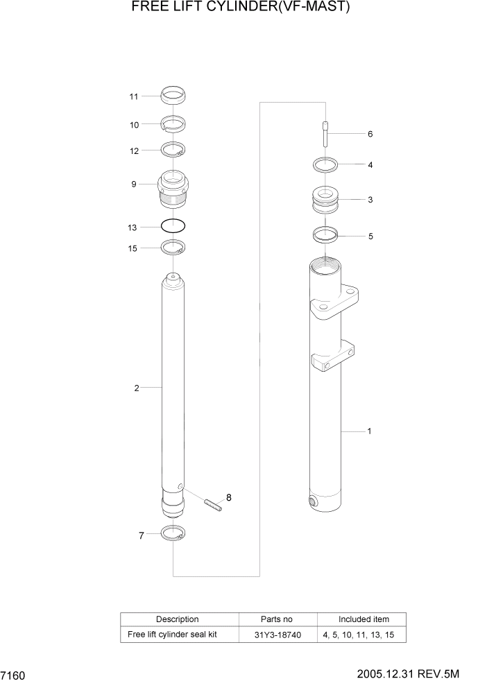 Схема запчастей Hyundai HLF20/HLF25/HLF30-5 - PAGE 7160 FREE LIFT CYLINDER(VF-MAST) РАБОЧЕЕ ОБОРУДОВАНИЕ