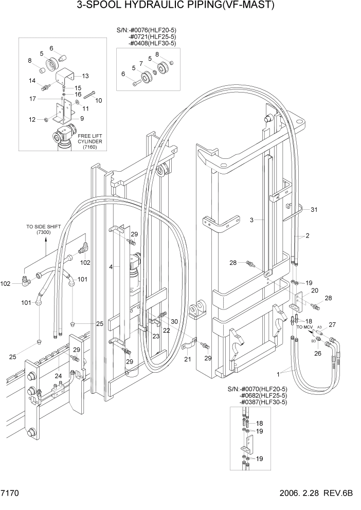 Схема запчастей Hyundai HLF20/HLF25/HLF30-5 - PAGE 7170 3-SPOOL HYDRAULIC PIPING(VF-MAST) РАБОЧЕЕ ОБОРУДОВАНИЕ