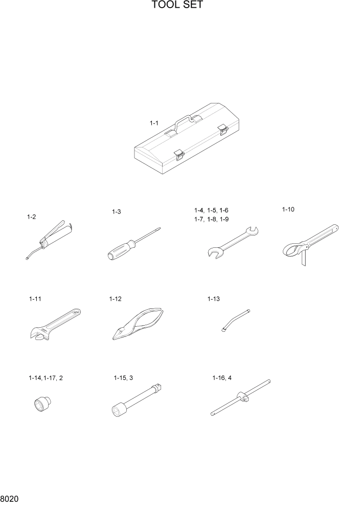 Схема запчастей Hyundai HLF20/HLF25/HLF30-5 - PAGE 8020 TOOL SET ДРУГИЕ ЧАСТИ