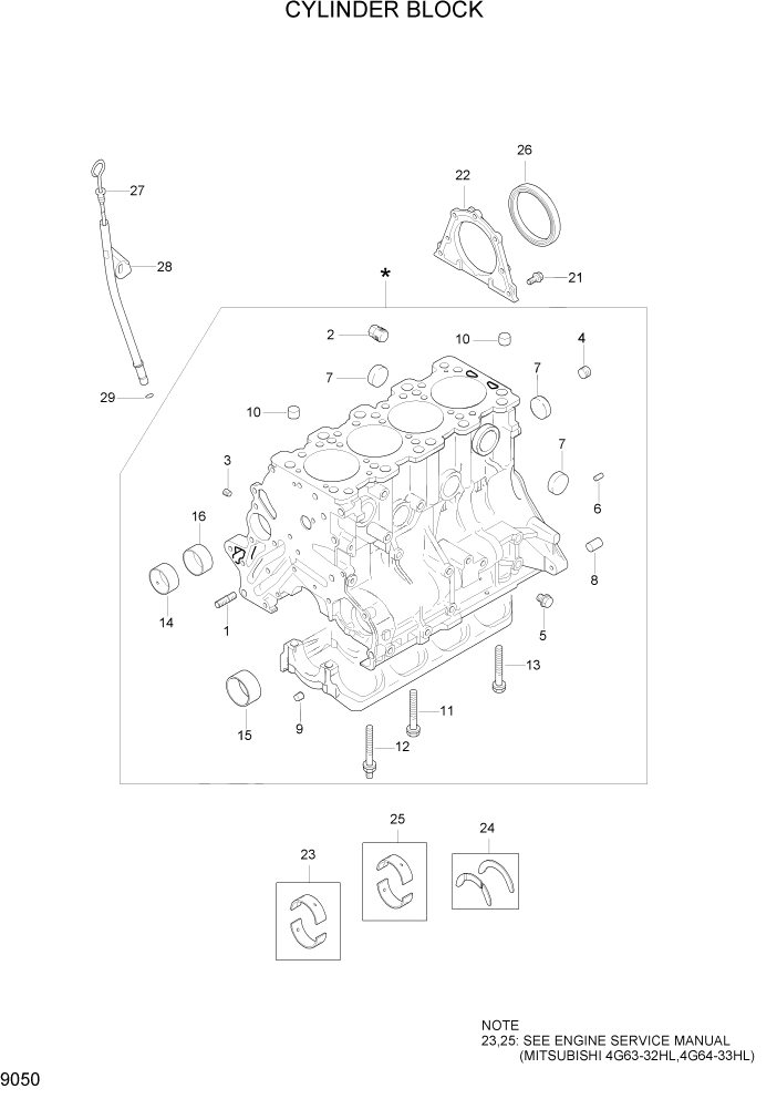 Схема запчастей Hyundai HLF20/HLF25/HLF30-5 - PAGE 9050 CYLINDER BLOCK ДВИГАТЕЛЬ БАЗА