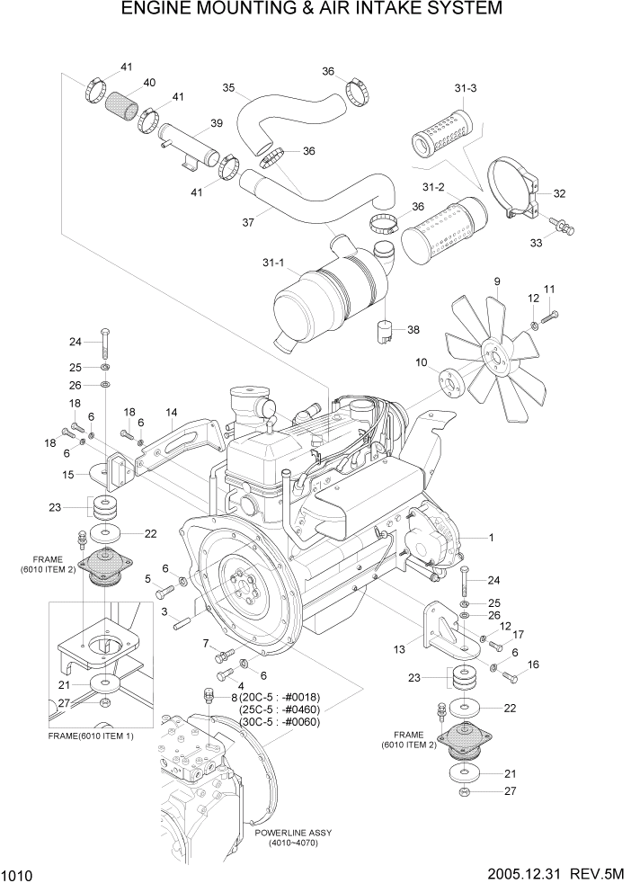 Схема запчастей Hyundai HLF20/HLF25/HLF30C-5 - PAGE 1010 ENGINE MOUNTING & AIR INTAKE SYSTEM СИСТЕМА ДВИГАТЕЛЯ