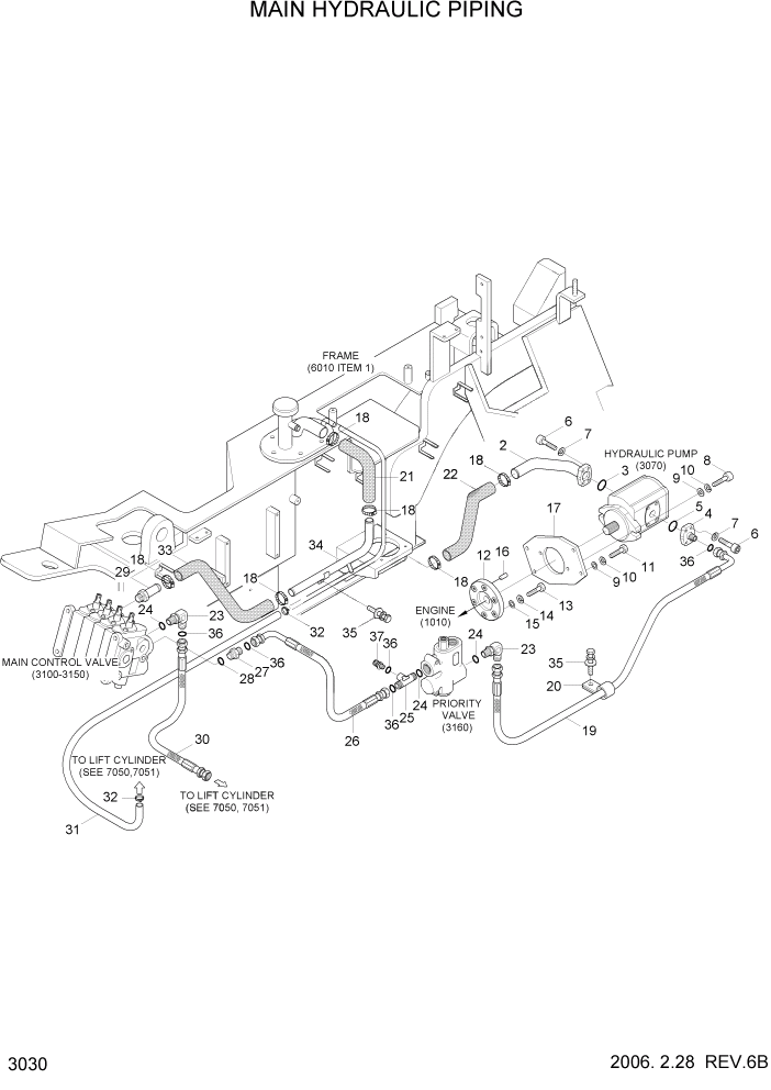 Схема запчастей Hyundai HLF20/HLF25/HLF30C-5 - PAGE 3030 MAIN HYDRAULIC PIPING ГИДРАВЛИЧЕСКАЯ СИСТЕМА