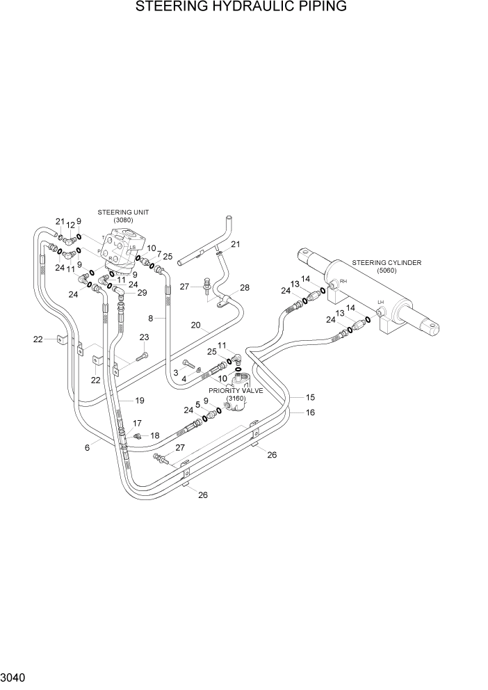 Схема запчастей Hyundai HLF20/HLF25/HLF30C-5 - PAGE 3040 STEERING HYDRAULIC PIPING ГИДРАВЛИЧЕСКАЯ СИСТЕМА