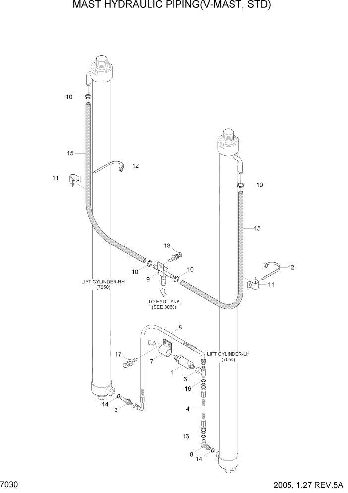 Схема запчастей Hyundai HLF20/HLF25/HLF30C-5 - PAGE 7030 MAST HYDRAULIC PIPING(V-MAST, STD) РАБОЧЕЕ ОБОРУДОВАНИЕ