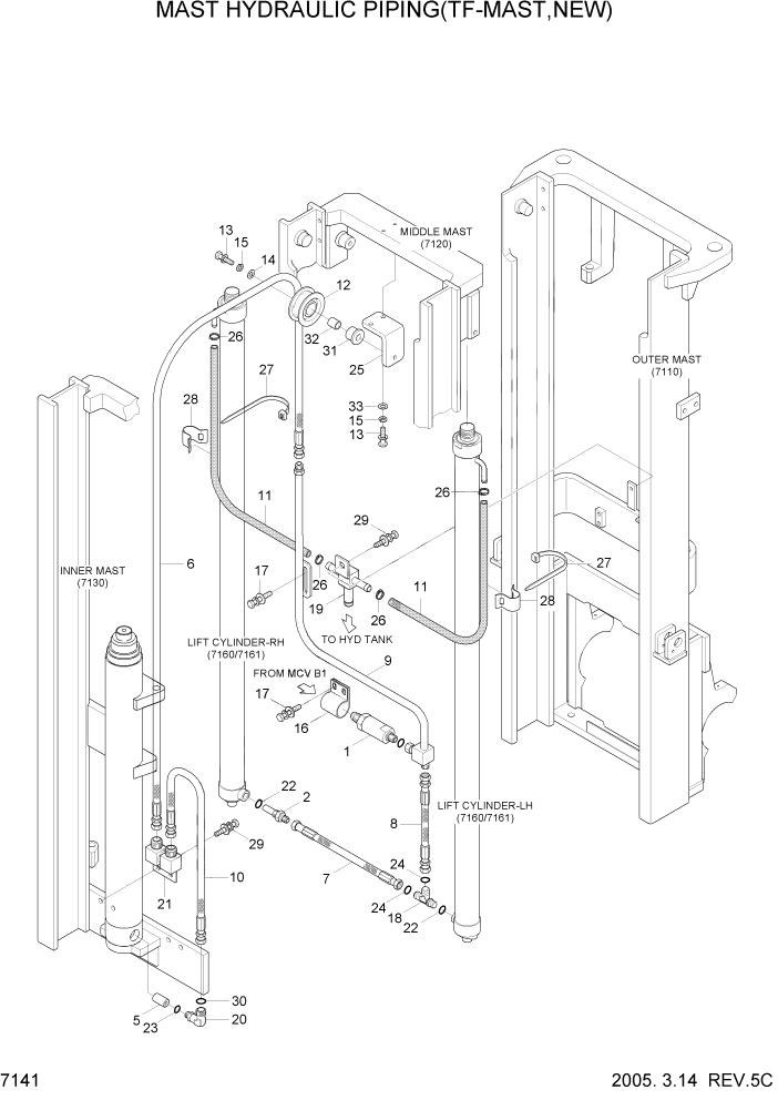 Схема запчастей Hyundai HLF20/HLF25/HLF30C-5 - PAGE 7141 MAST HYDRAULIC PIPING(TF-MAST,NEW) РАБОЧЕЕ ОБОРУДОВАНИЕ