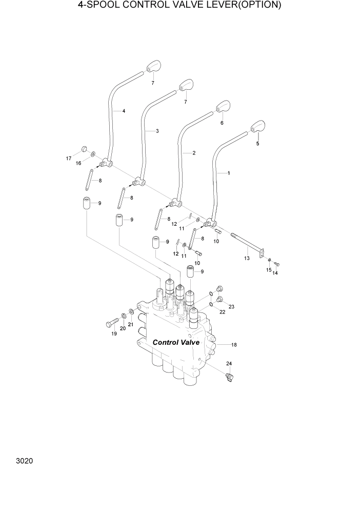 Схема запчастей Hyundai HLF15/HLF18-2 - PAGE 3020 4-SPOOL CONTROL VALVE LEVER(OPTION) ГИДРАВЛИЧЕСКАЯ СИСТЕМА