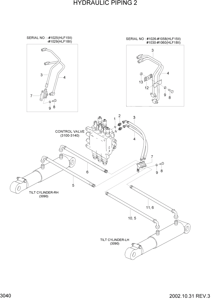 Схема запчастей Hyundai HLF15/HLF18-2 - PAGE 3040 HYDRAULIC PIPING 2 ГИДРАВЛИЧЕСКАЯ СИСТЕМА