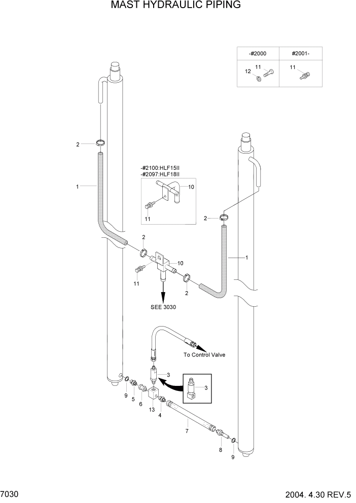 Схема запчастей Hyundai HLF15/HLF18-2 - PAGE 7030 MAST HYDRAULIC PIPING РАБОЧЕЕ ОБОРУДОВАНИЕ