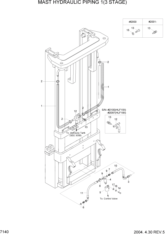 Схема запчастей Hyundai HLF15/HLF18-2 - PAGE 7140 MAST HYDRAULIC PIPING 1(3 STAGE) РАБОЧЕЕ ОБОРУДОВАНИЕ