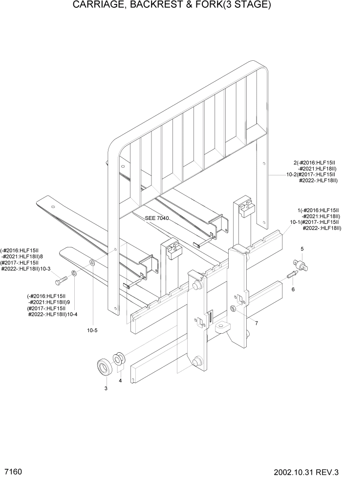 Схема запчастей Hyundai HLF15/HLF18-2 - PAGE 7160 CARRIAGE,BACKREST & FORK(3 STAGE) РАБОЧЕЕ ОБОРУДОВАНИЕ