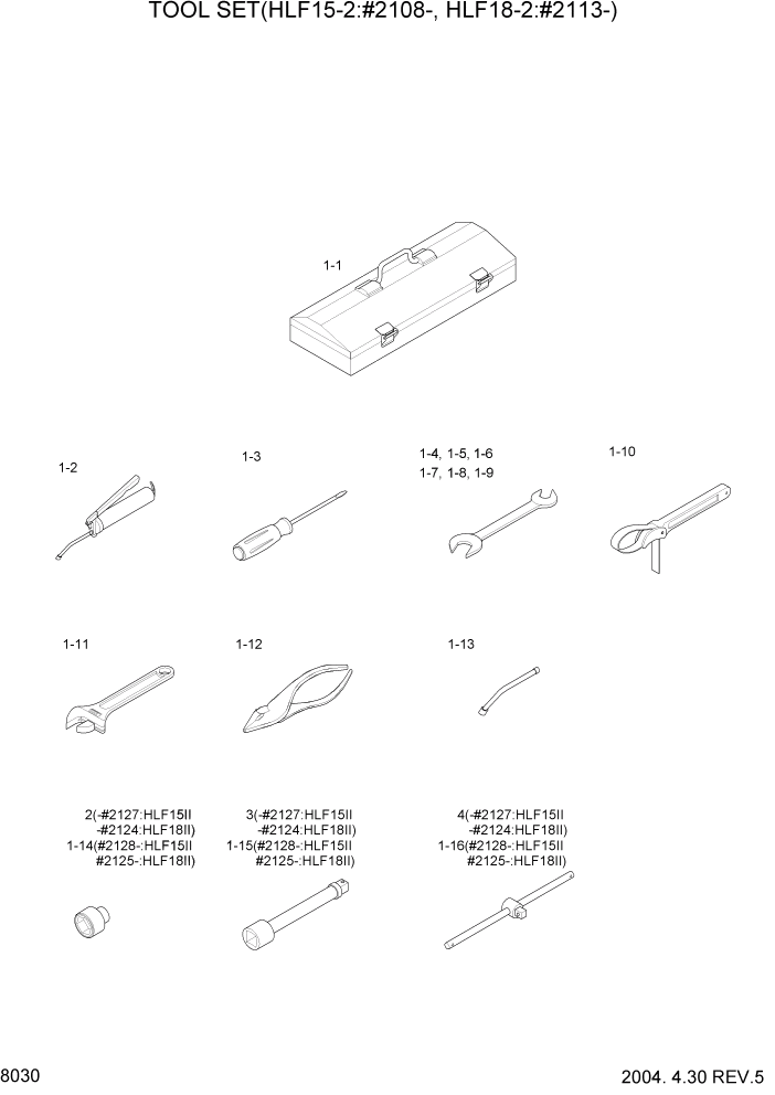 Схема запчастей Hyundai HLF15/HLF18-2 - PAGE 8030 TOOL SET(HLF15-2:#2108-,HLF18-2:#2113-) ДРУГИЕ ЧАСТИ