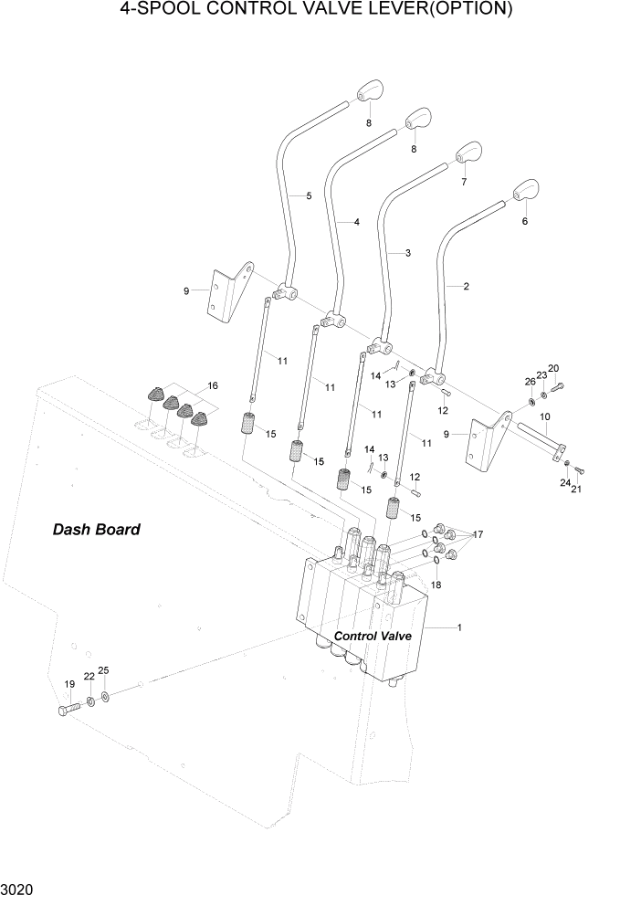 Схема запчастей Hyundai HLF20/HLF25/HLF30C-2 - PAGE 3020 4-SPOOL CONTROL VALVE LEVER(OPTION) ГИДРАВЛИЧЕСКАЯ СИСТЕМА