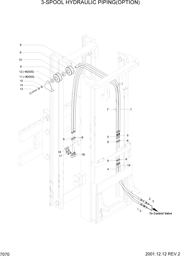 Схема запчастей Hyundai HLF20/HLF25/HLF30C-2 - PAGE 7070 3-SPOOL HYDRAULIC PIPING(OPTION) РАБОЧЕЕ ОБОРУДОВАНИЕ