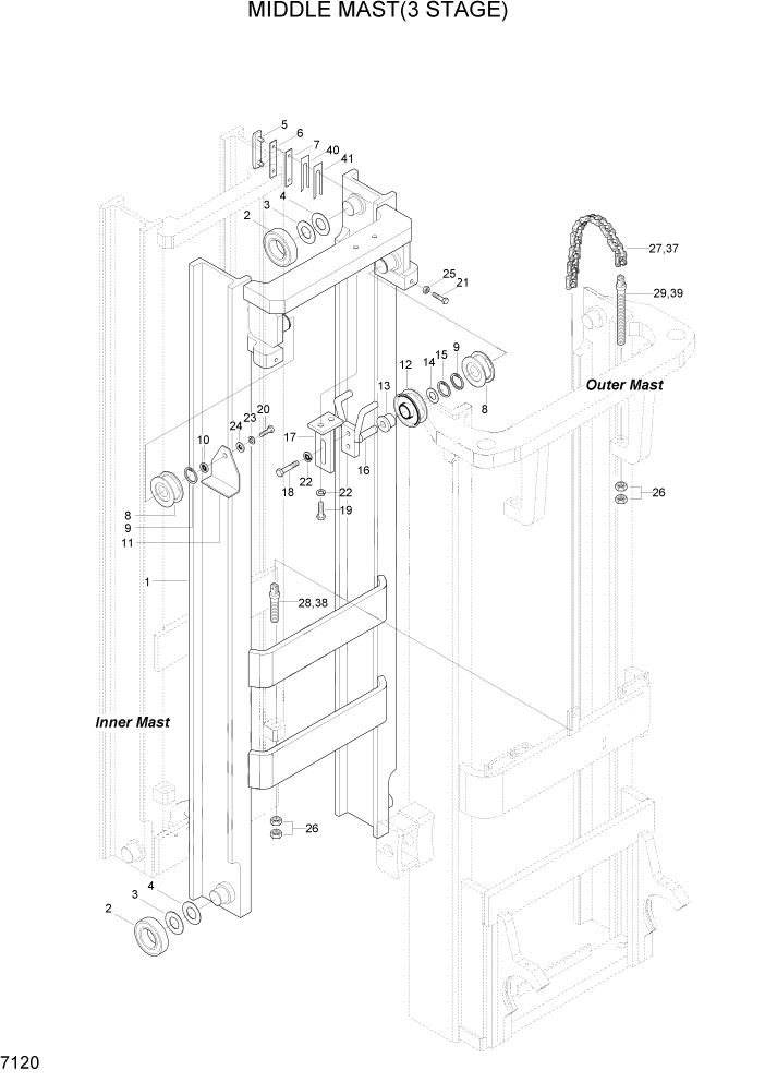 Схема запчастей Hyundai HLF20/HLF25/HLF30C-2 - PAGE 7120 MIDDLE MAST(3 STAGE) РАБОЧЕЕ ОБОРУДОВАНИЕ